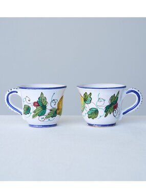 2 DERUTA Pottery Espresso Cups Coffee Mug Lemon Floral Signed Hand Painted Italy